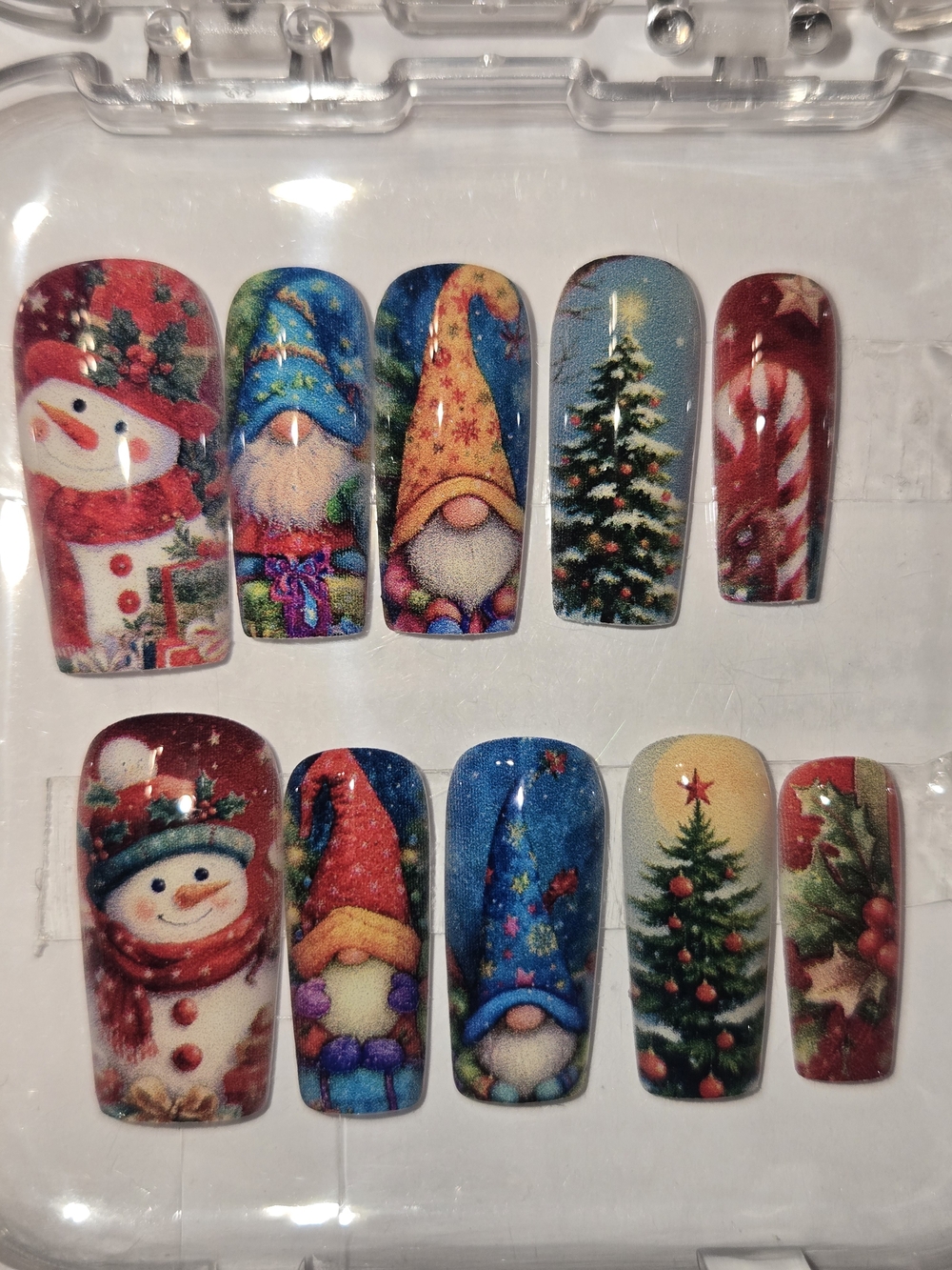 Holiday Gnome & Snowman Press-On Nails - Red, Blue, Green, Gold